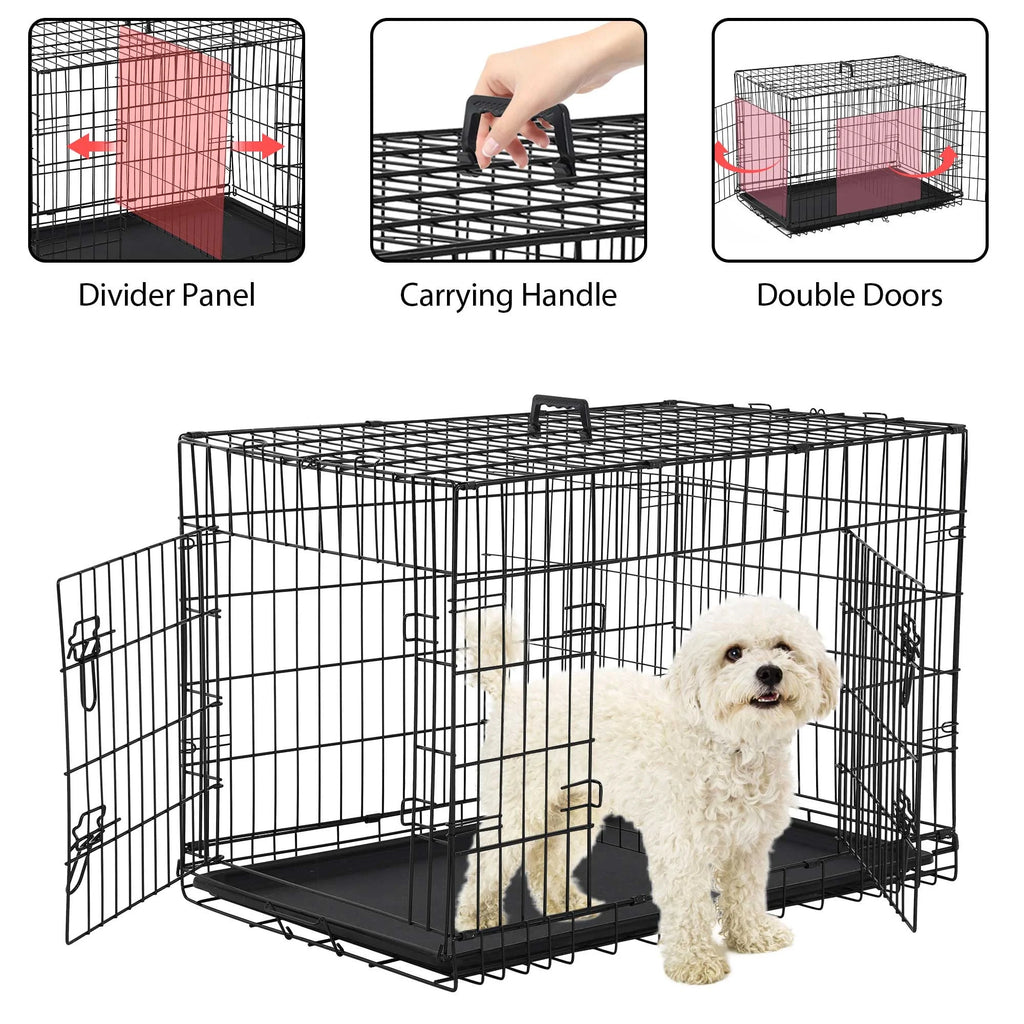 24 Inch Dog Crate, Dog Kennel Dog Crate Folding Metal Dog Crate with Double-Door,Divider Panel, Removable Tray and Handle Pet Dog Cages for Small Dogs Indoor Outdoor, Black