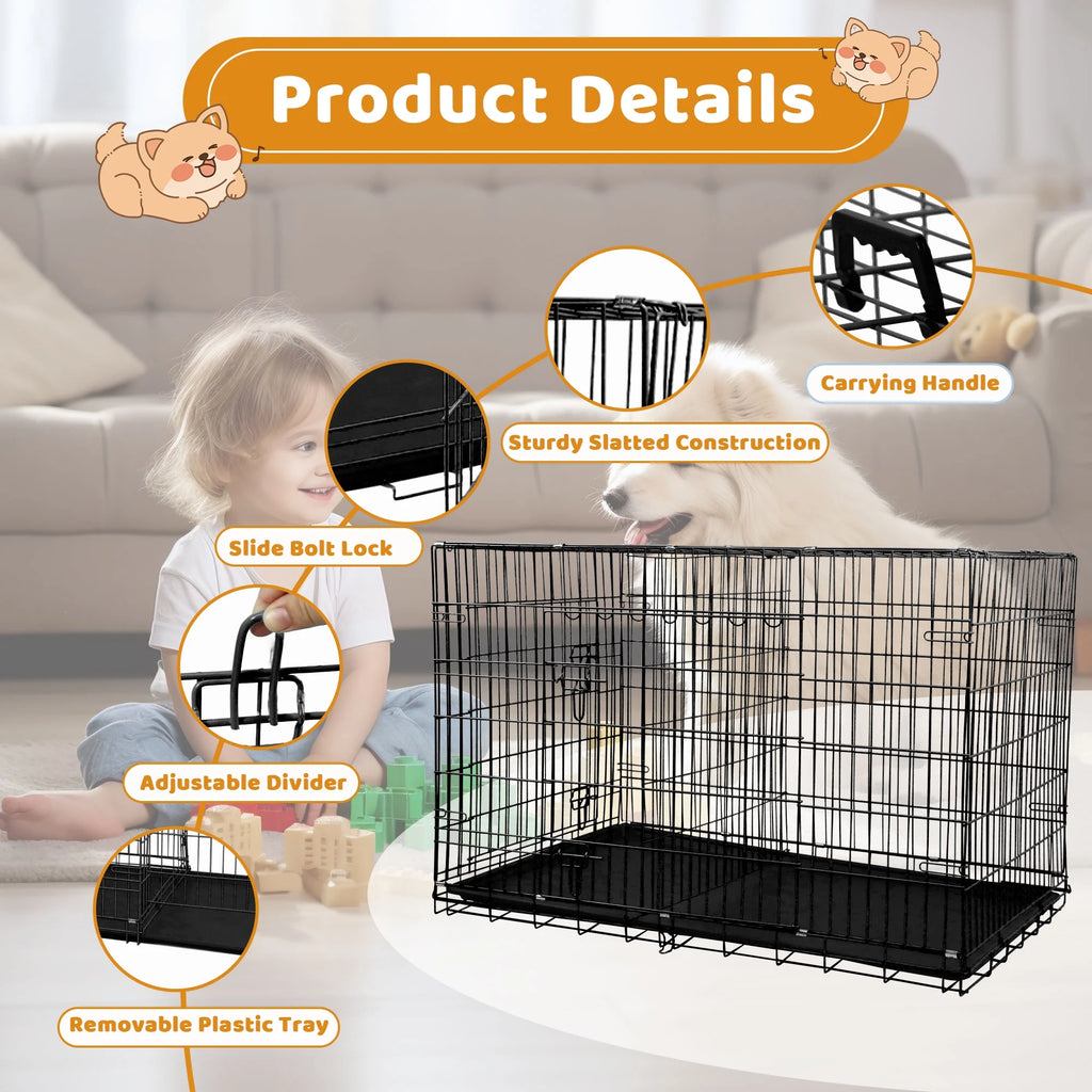 24 Inch Dog Crate, Dog Kennel Dog Crate Folding Metal Dog Crate with Double-Door,Divider Panel, Removable Tray and Handle Pet Dog Cages for Small Dogs Indoor Outdoor, Black