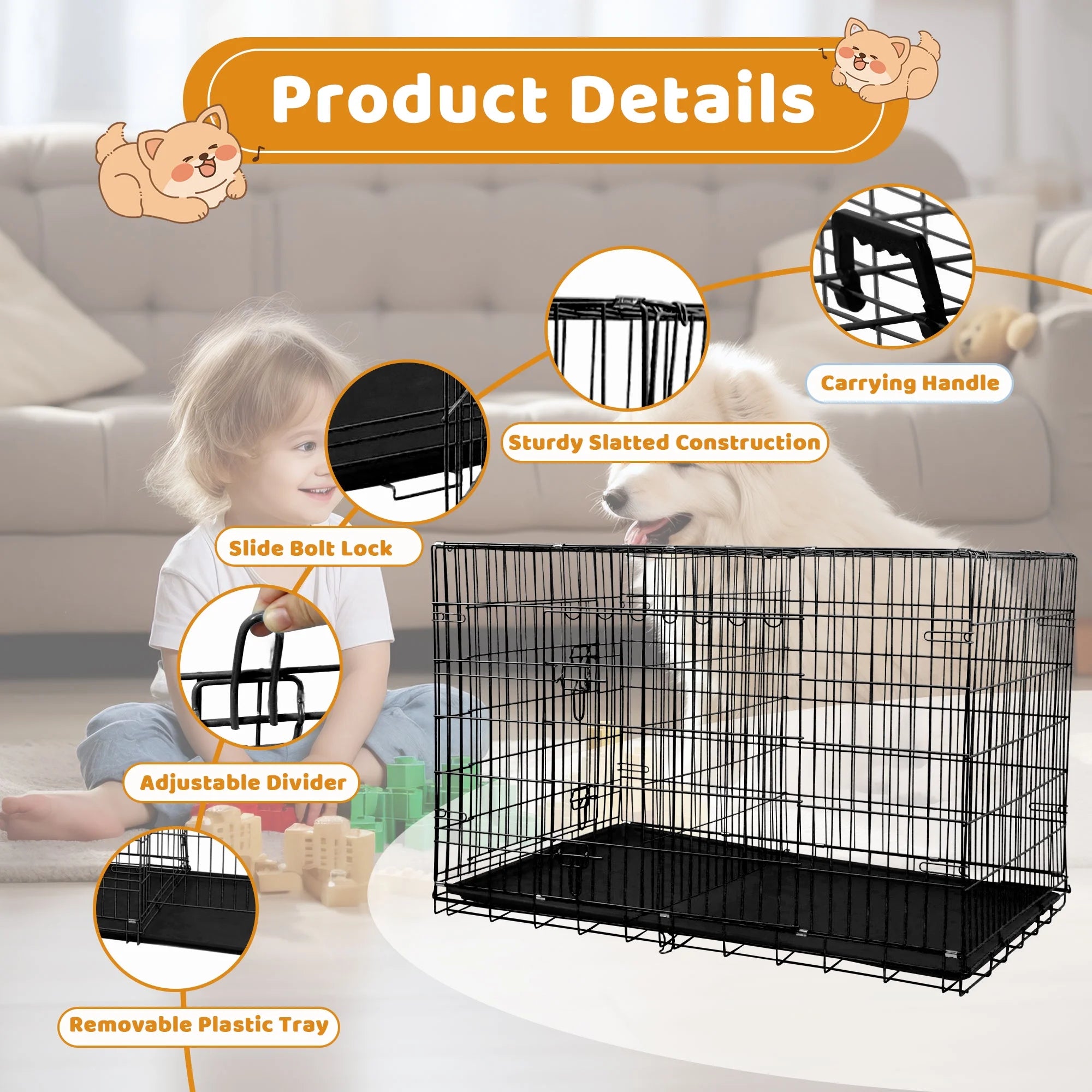 30 Inch Dog Crate, Dog Crates and Kennels Folding Mental Wire Crates Dog Kennels Outdoor and Indoor Pet Dog Cage Crate with Double-Door,Divider Panel, Removable Tray and Handle, Black