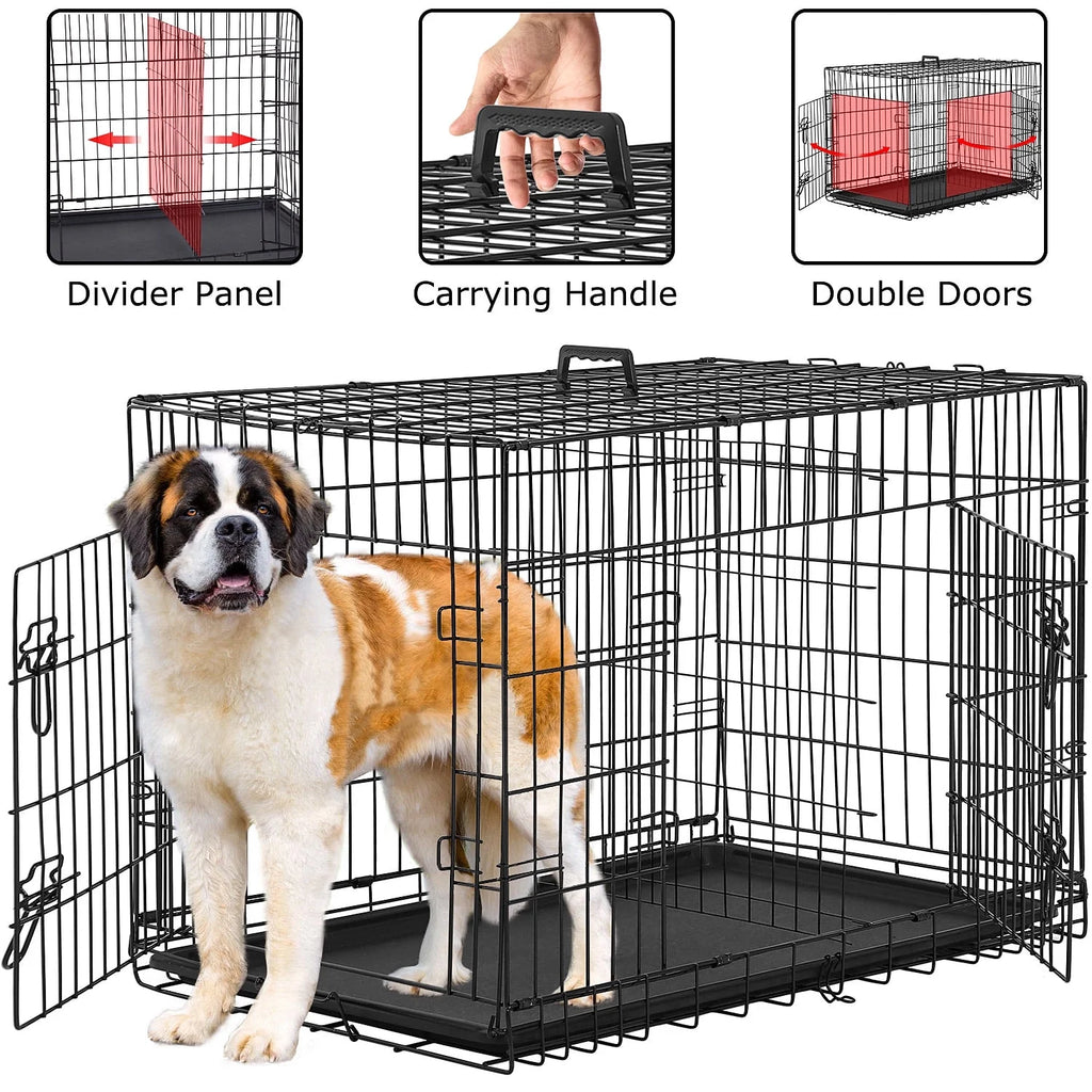 36 Inch Dog Crate, Dog Crates and Kennels Foldable Large Dog Crate for Large Dogs with Handle Double-Door Outdoor Metal Wire Dog Cage with Plastic Tray for Medium Dogs, Black
