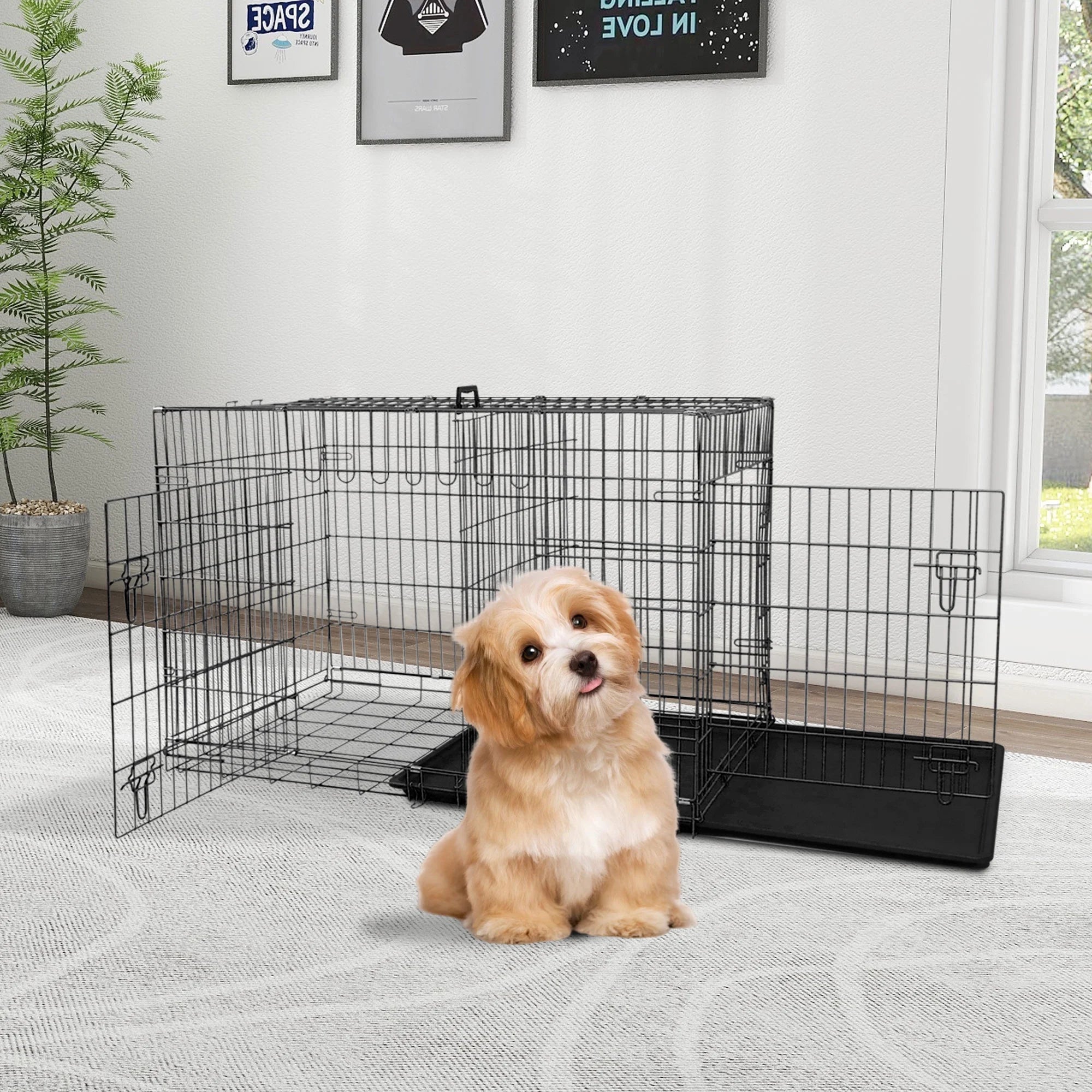 24 Inch Dog Crate, Dog Kennel Dog Crate Folding Metal Dog Crate with Double-Door,Divider Panel, Removable Tray and Handle Pet Dog Cages for Small Dogs Indoor Outdoor, Black