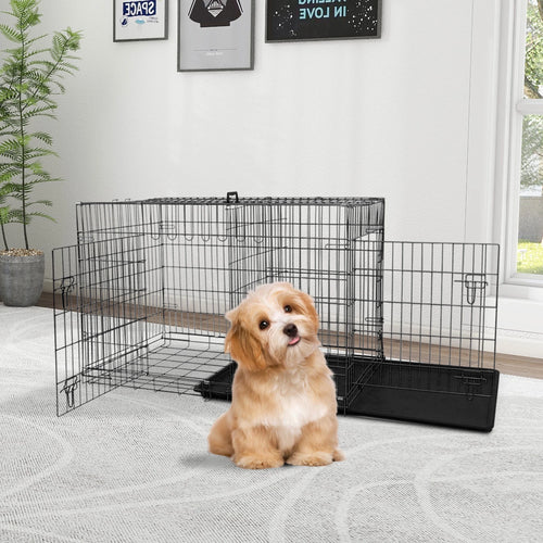 24 Inch Dog Crate, Dog Kennel Dog Crate Folding Metal Dog Crate with Double-Door,Divider Panel, Removable Tray and Handle Pet Dog Cages for Small Dogs Indoor Outdoor, Black