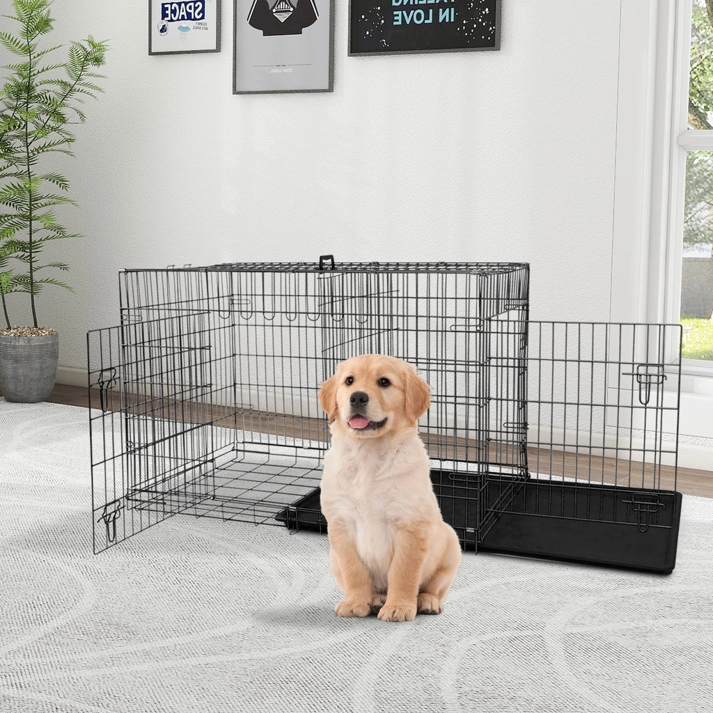 30 Inch Dog Crate, Dog Crates and Kennels Folding Mental Wire Crates Dog Kennels Outdoor and Indoor Pet Dog Cage Crate with Double-Door,Divider Panel, Removable Tray and Handle, Black