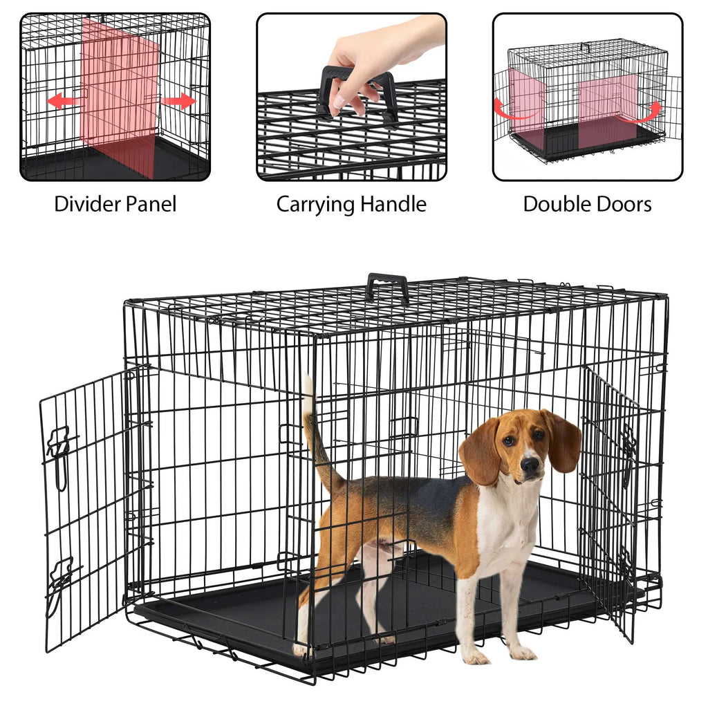 30 Inch Dog Crate, Dog Crates and Kennels Folding Mental Wire Crates Dog Kennels Outdoor and Indoor Pet Dog Cage Crate with Double-Door,Divider Panel, Removable Tray and Handle, Black