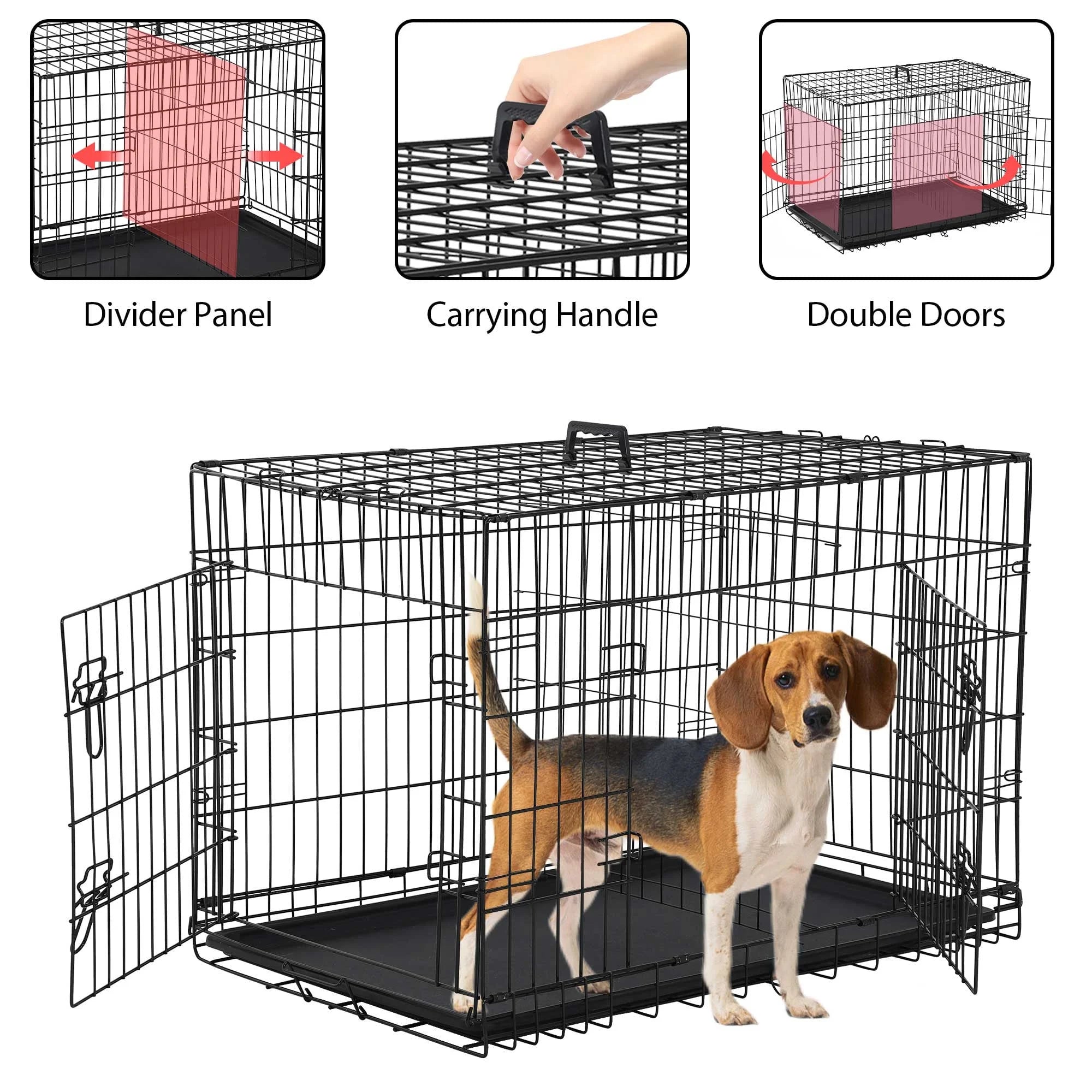 30 Inch Dog Crate, Dog Crates and Kennels Folding Mental Wire Crates Dog Kennels Outdoor and Indoor Pet Dog Cage Crate with Double-Door,Divider Panel, Removable Tray and Handle, Black